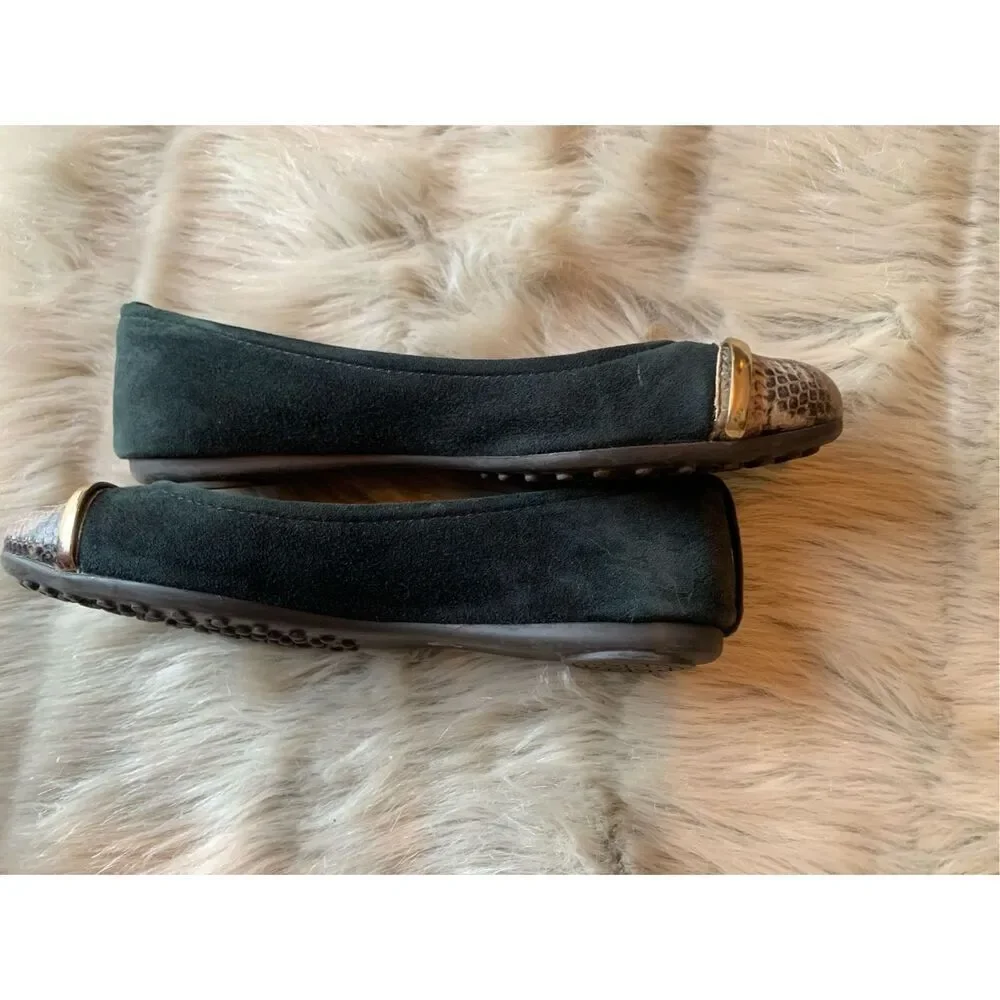 Tory Burch Pacey Driver Green Suede Snakeskin Cap Toe Ballet Flats Size 6.5 M